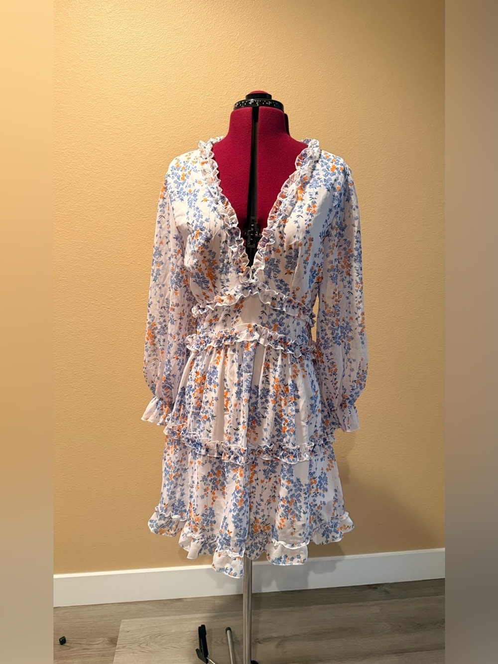 White Floral Ruffled Tiered Mini Dress - Blue & Orange Print - Picture 1 of 3
